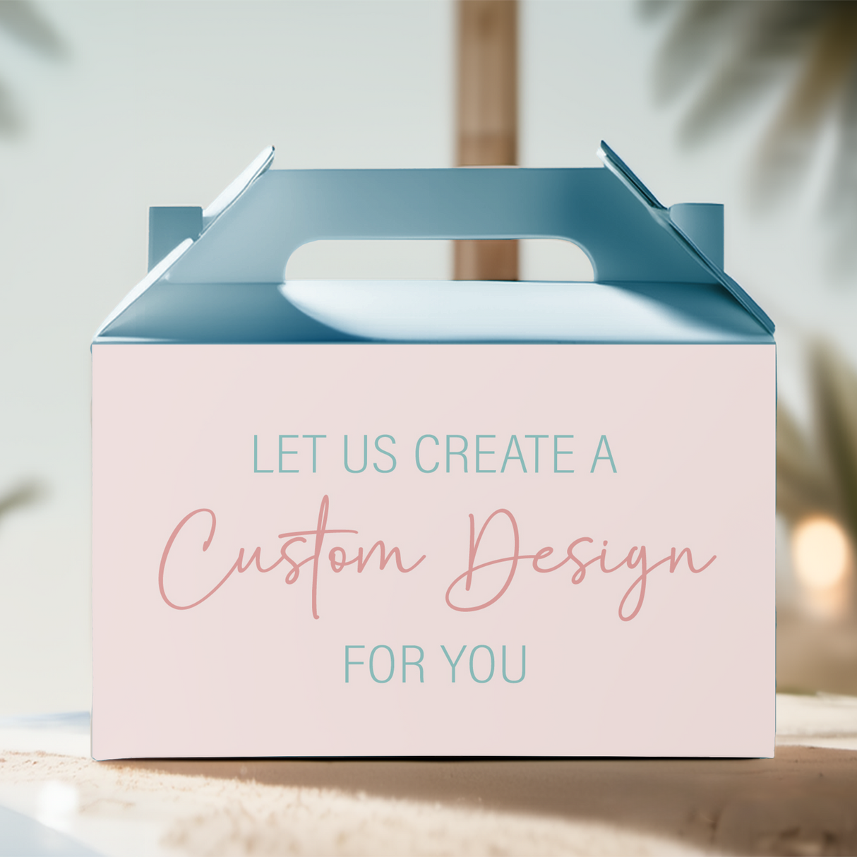 Custom gable favour box with open blue lid and pastel message: “Custom Design For You”