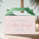 Custom gable favour box with open green lid and pastel message: “Custom Design For You”