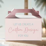 Custom gable favour box with open rose lid and pastel message: “Custom Design For You”