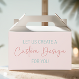 Custom gable favour box with open lid and pastel message: “Custom Design For You”