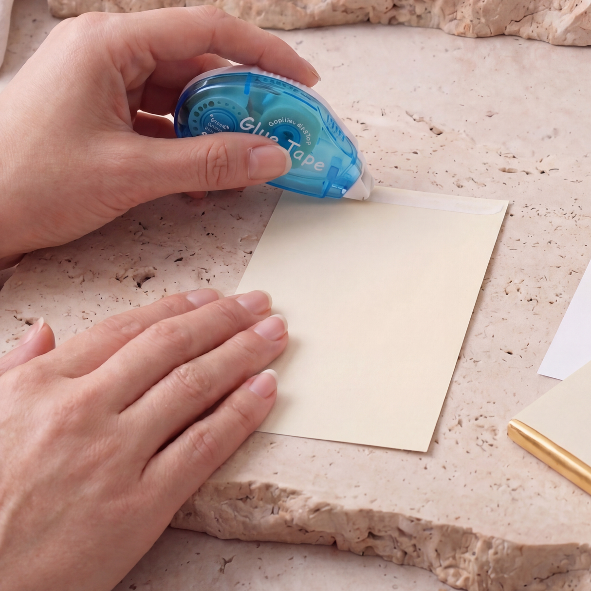 Double-sided tape applied to paper; blue tape dispenser held by hand