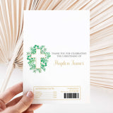 Christening chocolate wrapper, white with green cross and leafy frame, thank you text
