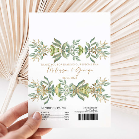 Green and gold wedding chocolate wrapper with leaf bouquet and thank-you text