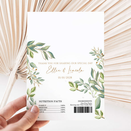 Greenery gold wedding DIY printed chocolate wrapper with leaf frame and thank-you text