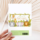 DIY printed chocolate wrapper with jungle elephant and lion illustrations, 'Two Wild' text