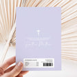Lavender confirmation chocolate wrapper insert with cross, name script, and nutrition facts text