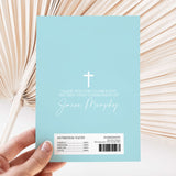 Light blue First Holy Communion chocolate wrapper with cross, thank-you text, and barcode