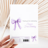 White chocolate bar wrapper with lilac bow and birthday thank-you text