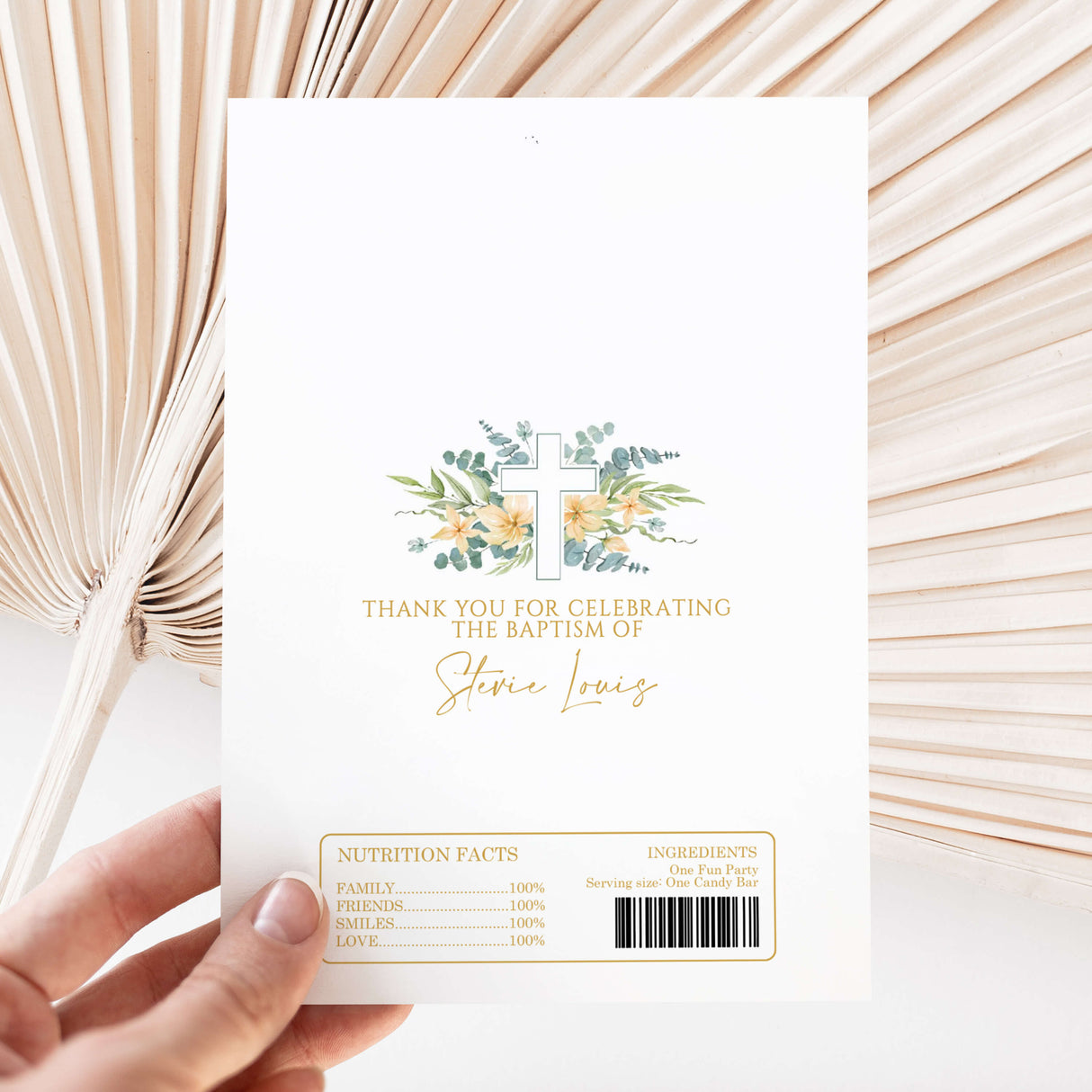 DIY chocolate wrapper sheet with floral cross, gold thank-you text, and nutrition facts