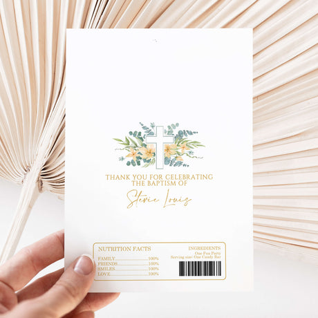 DIY chocolate wrapper sheet with floral cross, gold thank-you text, and nutrition facts