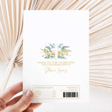 Confirmation chocolate wrapper, white paper with eucalyptus cross and gold thank-you text