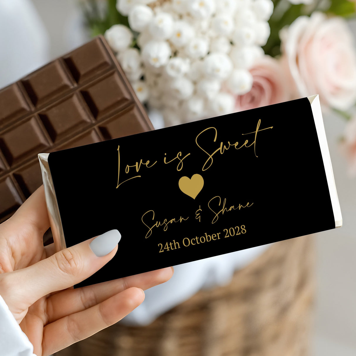 Love Is Sweet Black & Gold Wedding Chocolate Bar