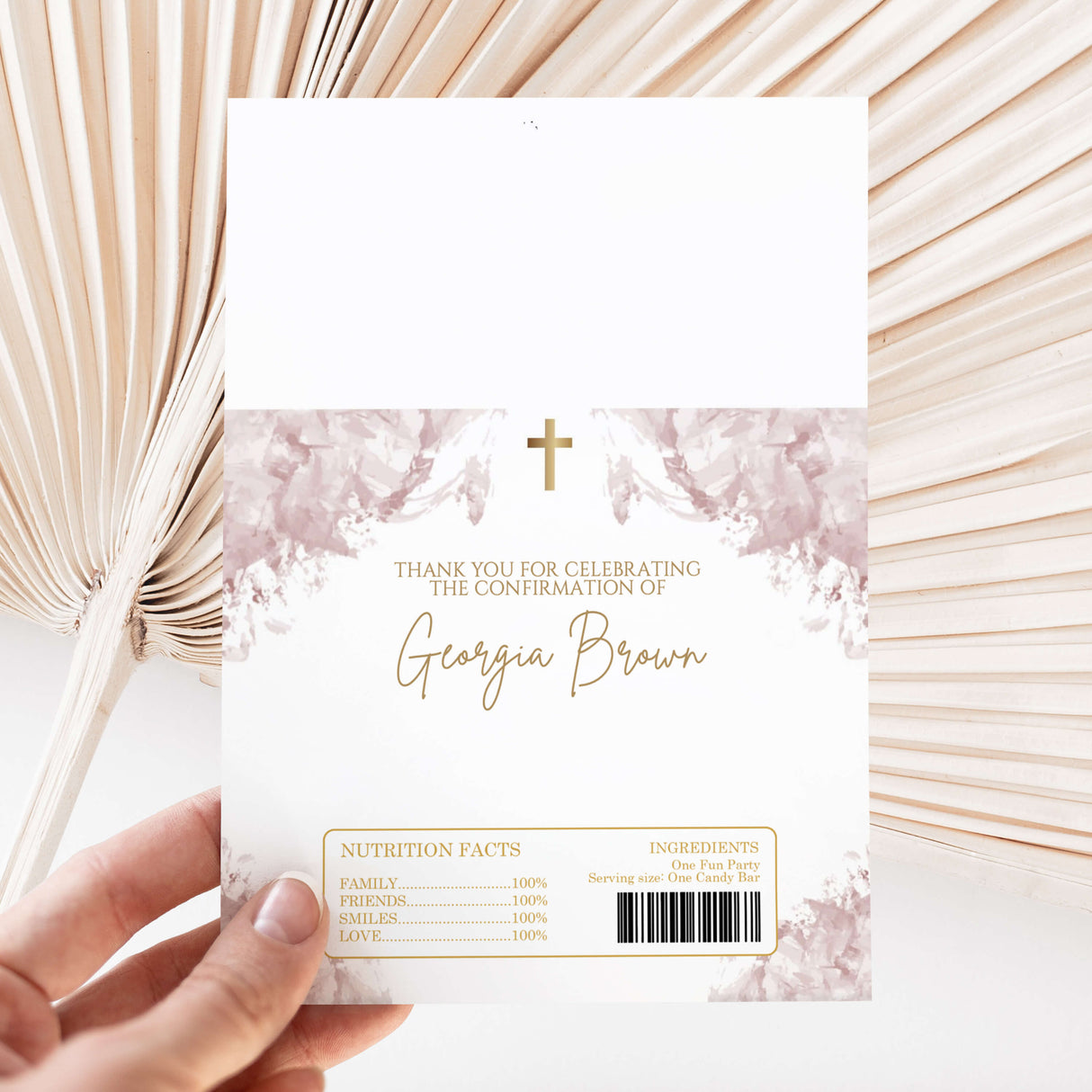 Mauve marble confirmation chocolate wrapper: cross, Georgia Brown, label