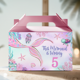 Mermaid gable favor box with pastel artwork, pink top, text 'This Mermaid is Turning 5'