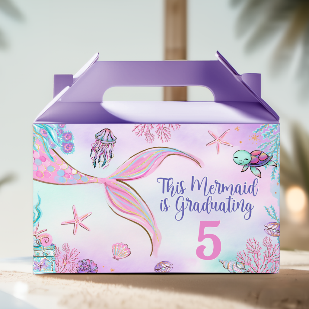 Mermaid gable favor box with pastel artwork, purple top, text 'This Mermaid is Graduating 5'