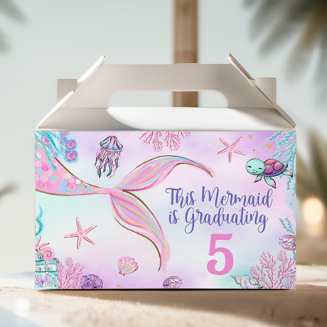 Mermaid gable favor box with pastel artwork, text 'This Mermaid is Graduating 5'