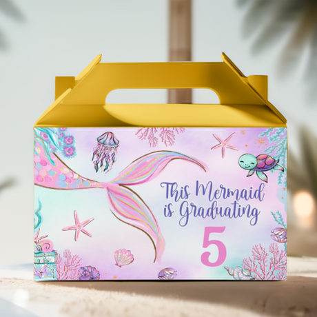 Mermaid gable favor box with pastel artwork, yellow top, text 'This Mermaid is Graduating 5'