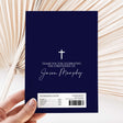 Navy christening chocolate wrapper with cross and thank-you message, handwritten-style name