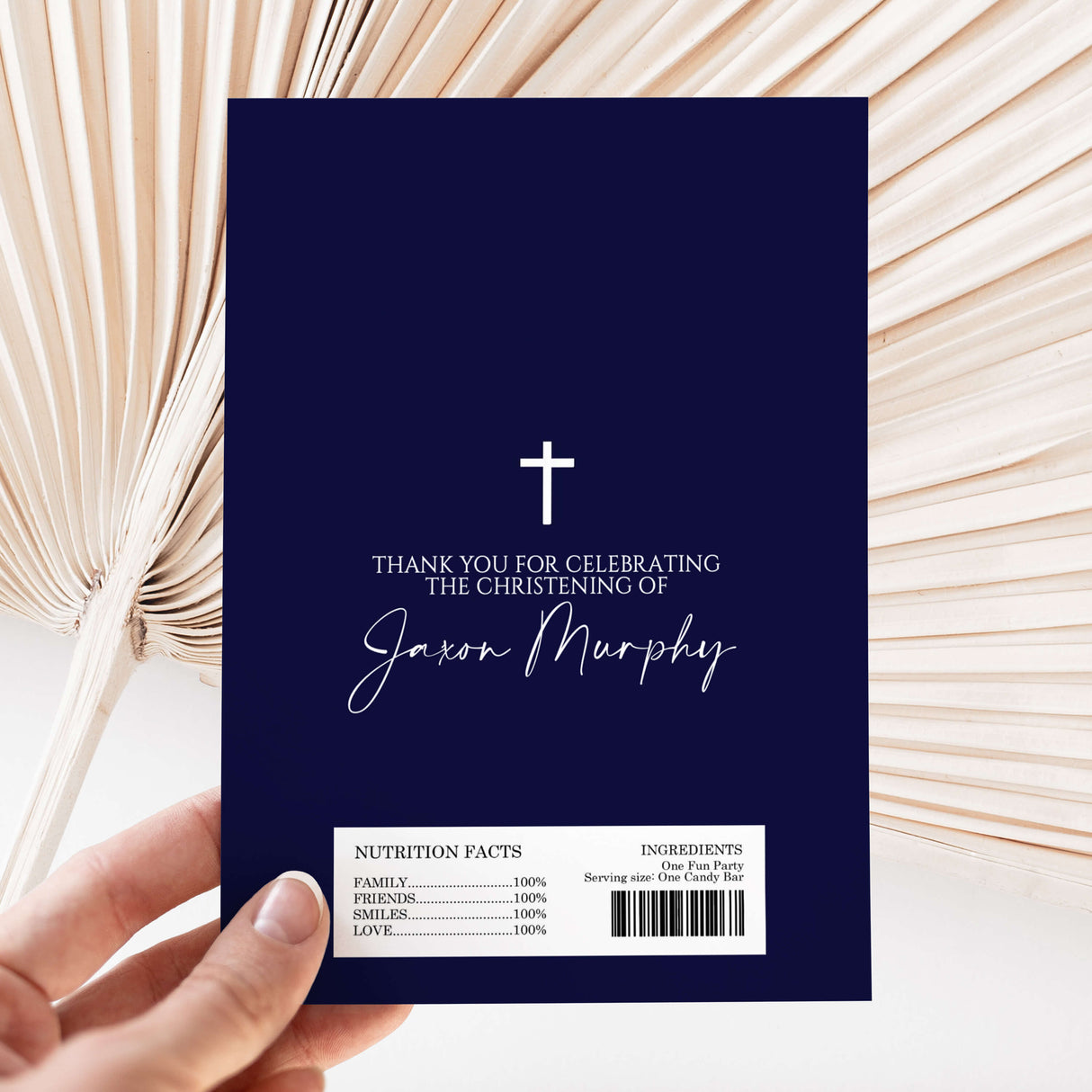 Navy christening chocolate wrapper with cross and thank-you message, handwritten-style name