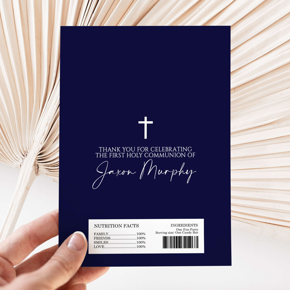 Navy First Holy Communion chocolate wrapper with cross and thank-you message