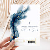 Printed chocolate wrapper with navy ink splash, gold speckles, cross, thank-you text, barcode