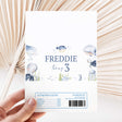 Ocean animal printed chocolate wrapper with “Freddie turns 3” and barcode label