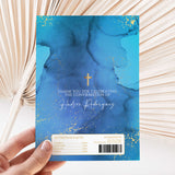 Blue marble confirmation chocolate wrapper with cross, thank you text, barcode.