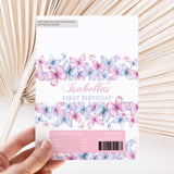 Pastel butterfly first birthday chocolate wrappers, name Isabella, text