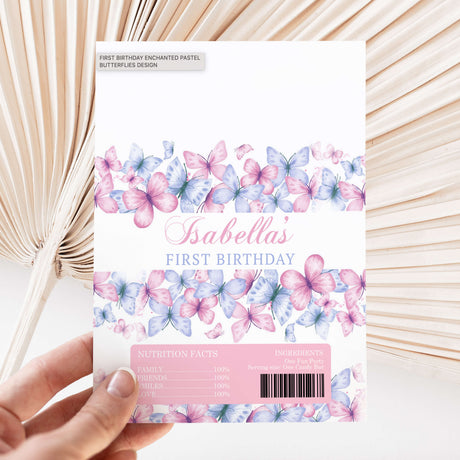 Pastel butterfly first birthday chocolate wrappers, name Isabella, text