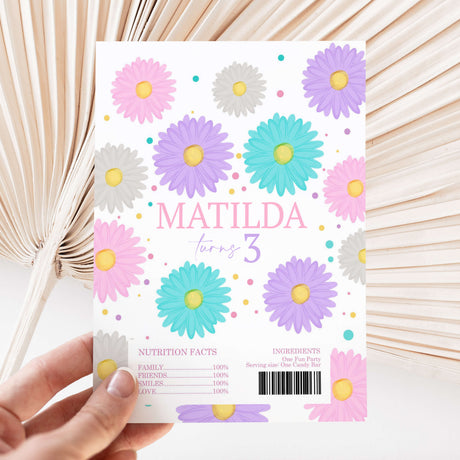 Printed chocolate wrapper sheet with pastel daisy pattern, “Matilda” and “3”