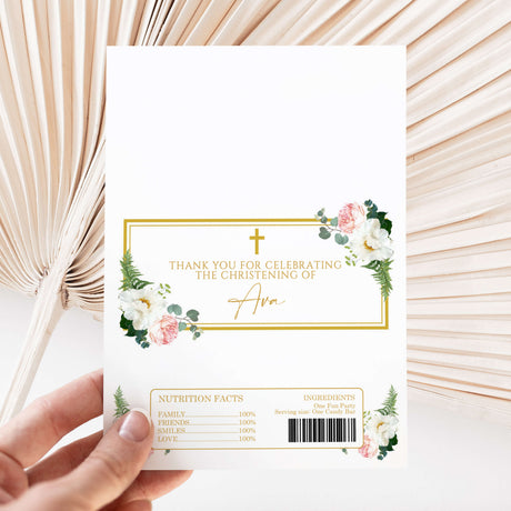 Christening chocolate wrapper sheet with gold frame, cross, floral corners and nutrition panel
