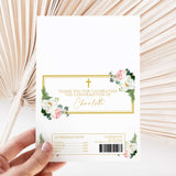 Confirmation chocolate wrapper sheet with gold frame, floral corners, barcode and text