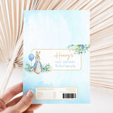 Peter Rabbit first birthday DIY chocolate wrapper sheet, blue rabbit with balloons and leaves