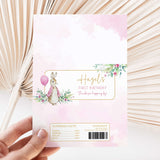 Pink first birthday chocolate wrapper sheet with rabbit illustration and floral text