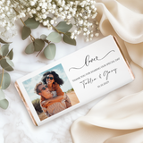 Personalized wedding chocolate bar wrapper with couple photo and 'Love' greeting