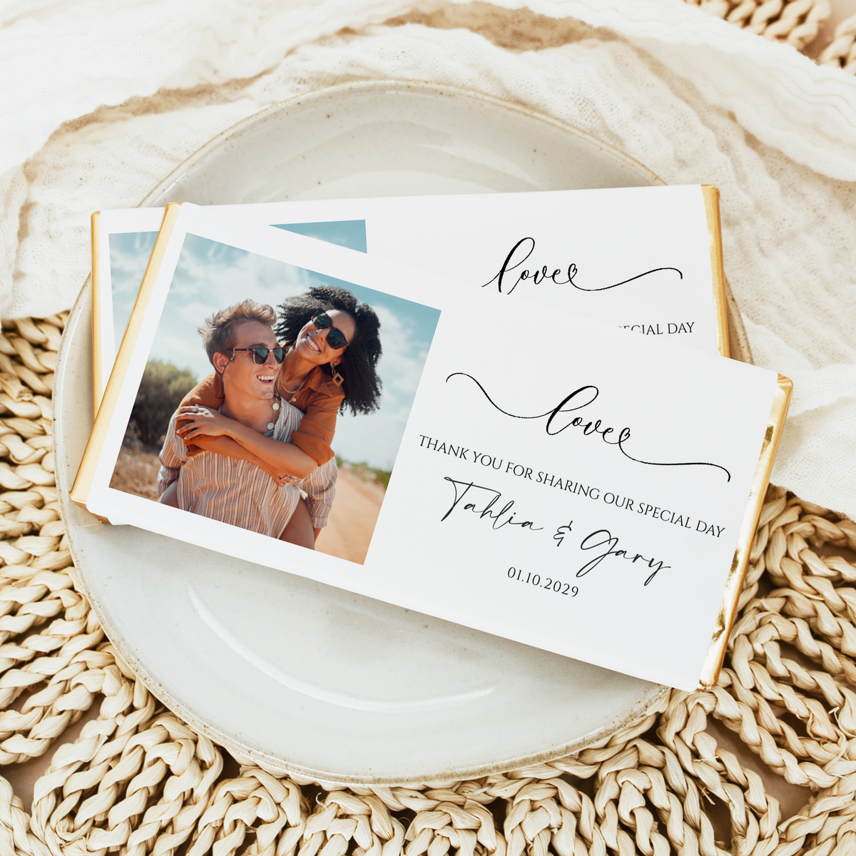 Personalized wedding chocolate bar with couple photo, 'Love' message, and date