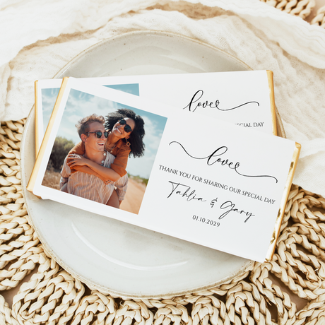 Personalized wedding chocolate bar with couple photo, 'Love' message, and date