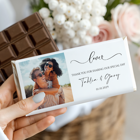 Personalized wedding chocolate bar with couple photo and 'Love' thank-you note