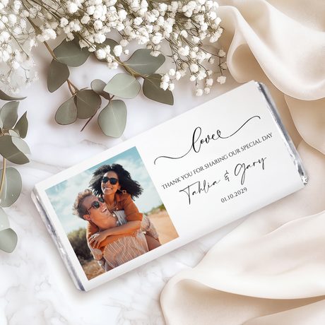 Personalized wedding chocolate bar with printed couple photo and thank-you message