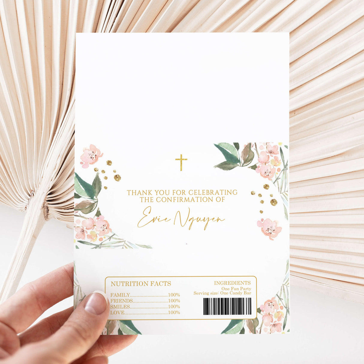Confirmation chocolate wrapper with pink floral border, cross, and thank-you text