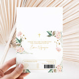 Confirmation chocolate wrapper with pink floral border, cross, and thank-you text