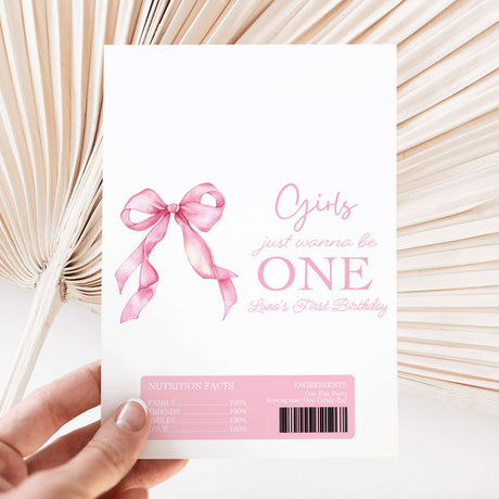 Pink bow first birthday chocolate wrapper sheet with pink bow and ONE girl text