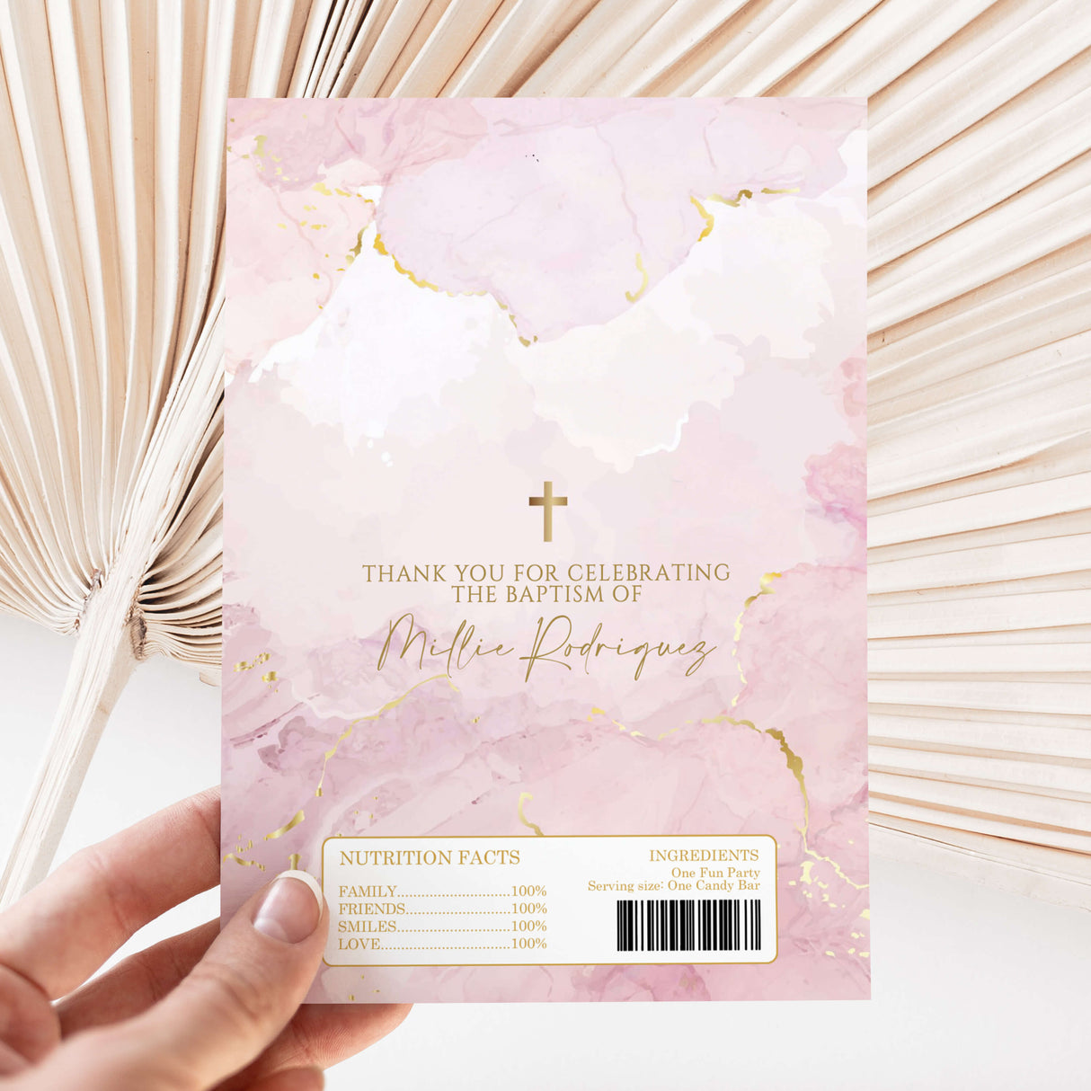 Pink marble gold baptism chocolate wrapper with cross, thank you text and barcode