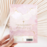 Confirmation chocolate wrapper, pink marble with gold cross and script, barcode panel