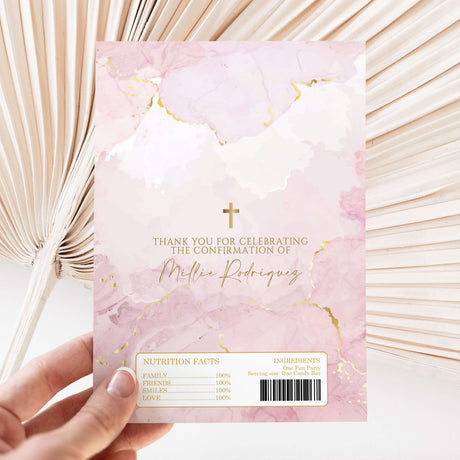 Confirmation chocolate wrapper, pink marble with gold cross and script, barcode panel