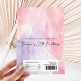 Pink and purple marble DIY printed chocolate wrapper with birthday message and nutrition label