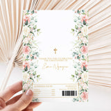 Pink rose christening chocolate wrapper with floral border, cross, thank-you text and barcode