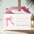 Pink gable favour box with ribbon bow and thank-you baby shower text