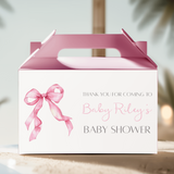 Pink gable favour box with ribbon bow and thank-you baby shower text