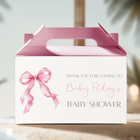 Pink gable favour box with ribbon bow and thank-you baby shower text